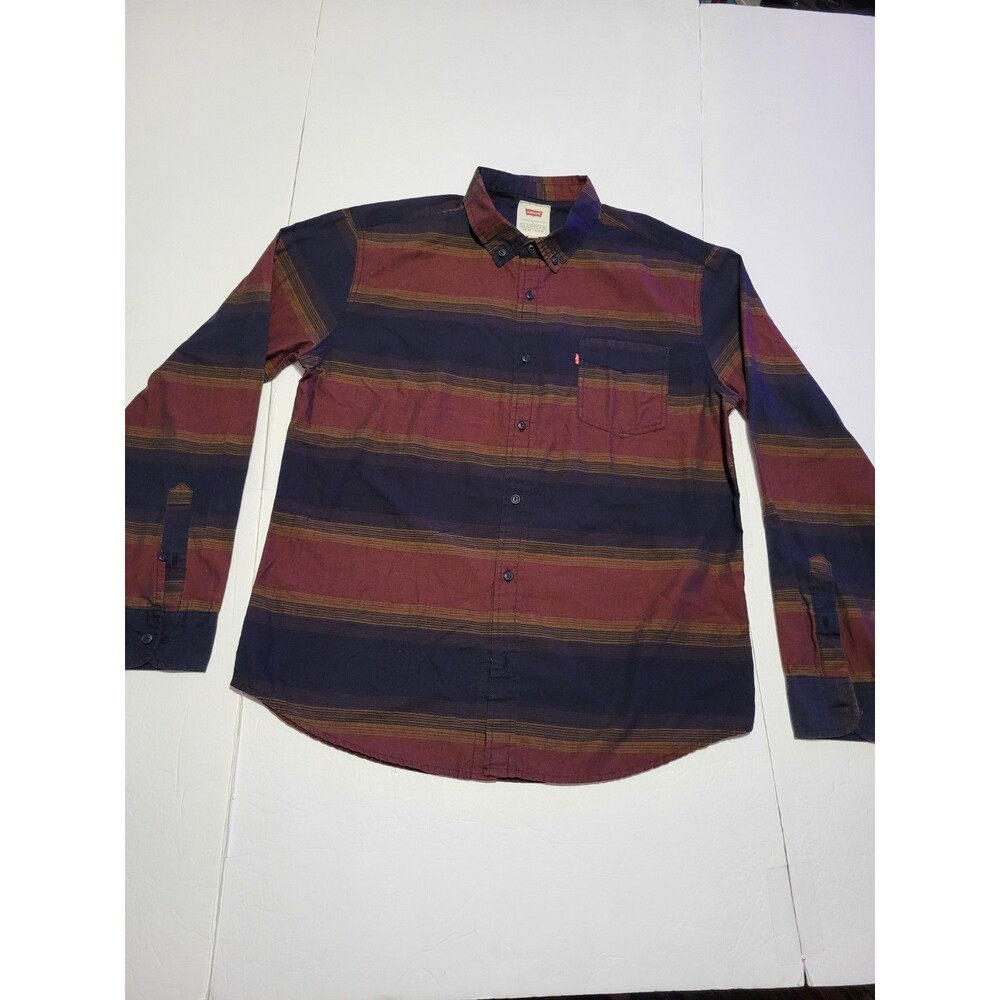 (#L8) Levi's Button Down Men's L Navy Burgundy Striped Long Sleeve Casual